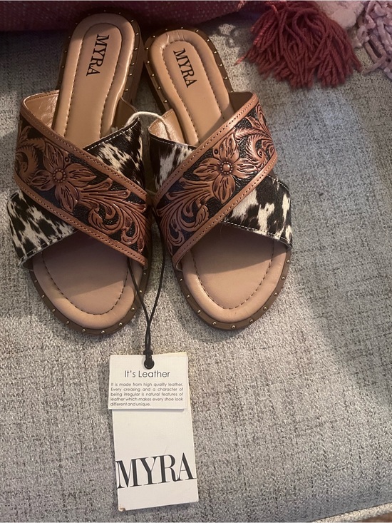 Myra Bag Shoes - Myra Bag Brown Floral Tooled Leather and Black White Cowhide Slide Mules